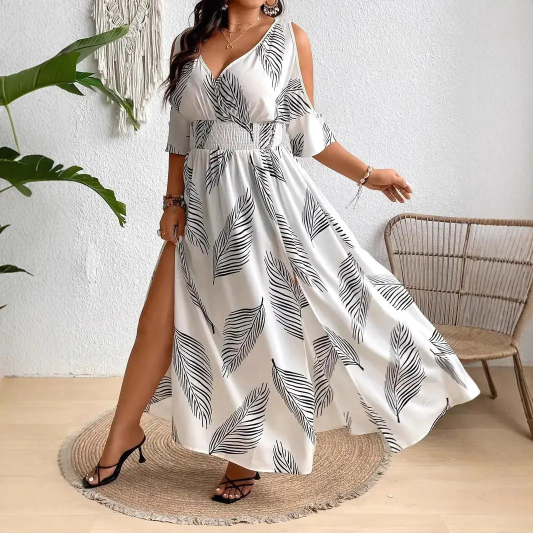 Elegantes Damen Maxikleid mit V-Ausschnitt, Off-Shoulder & Beinschlitz – Sommerkleid mit Print cJ