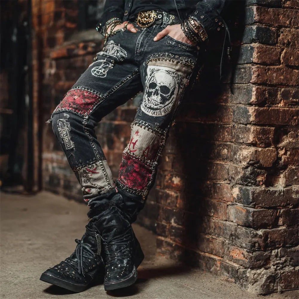 Damen Jeanshose mit buntem 3D-Blumenprint – Modische Denim Hose cJ