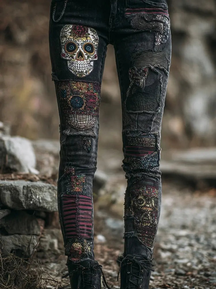 Damen Jeanshose mit buntem 3D-Blumenprint – Modische Denim Hose cJ