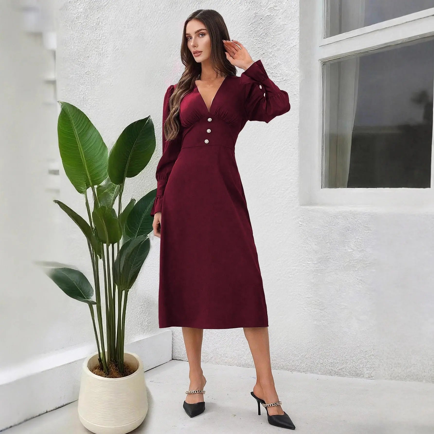 Damen Herbstkleid mit V-Ausschnitt & Knopfleiste – Elegantes Langarm Shirtkleid Cj