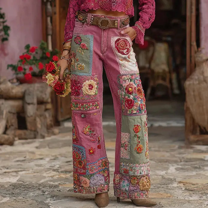 Damen Jeanshose mit buntem 3D-Blumenprint – Modische Denim Hose cJ