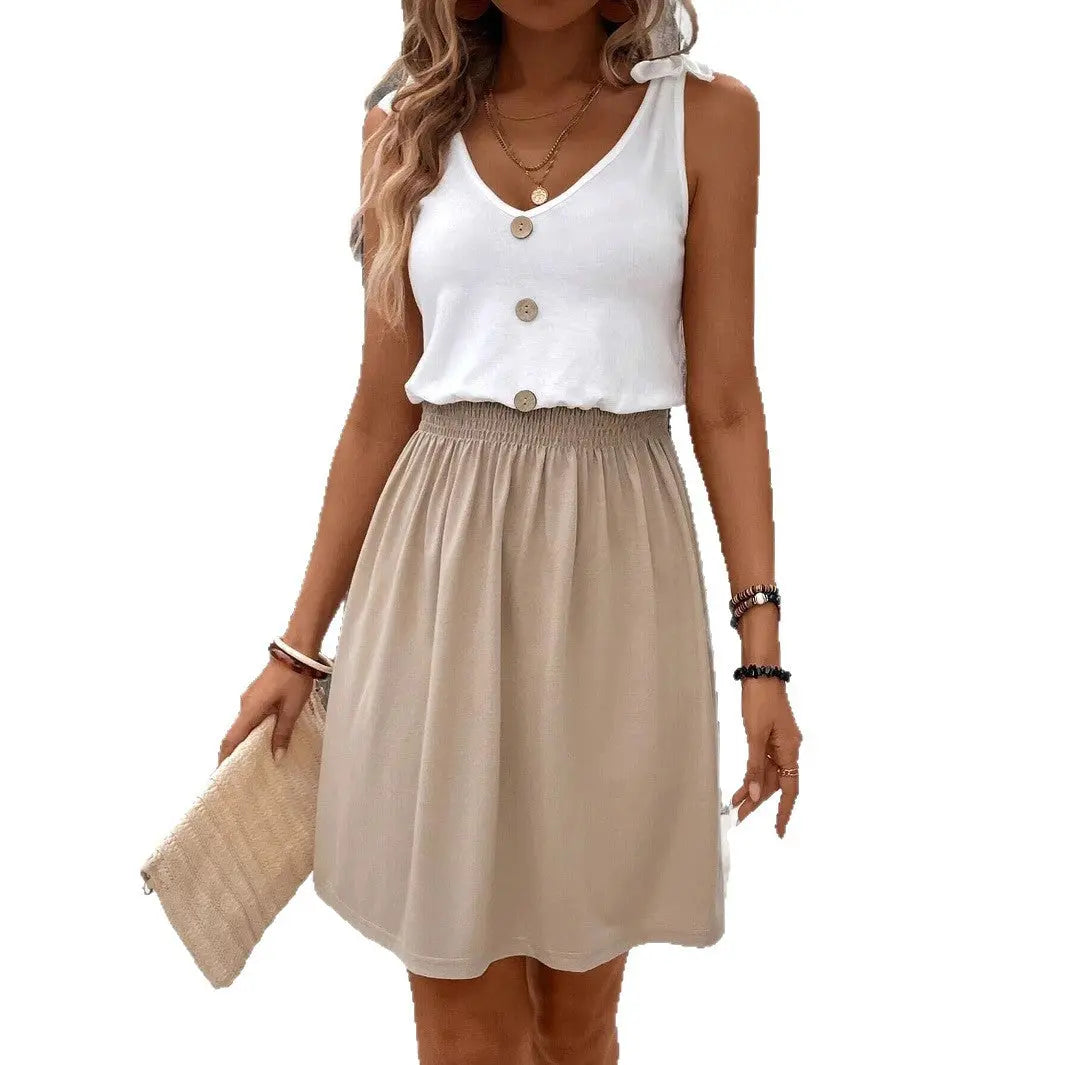 Damen Sommerkleid ärmellos mit Taillengummibund & Kokosknöpfen – Colorblock Design cJ