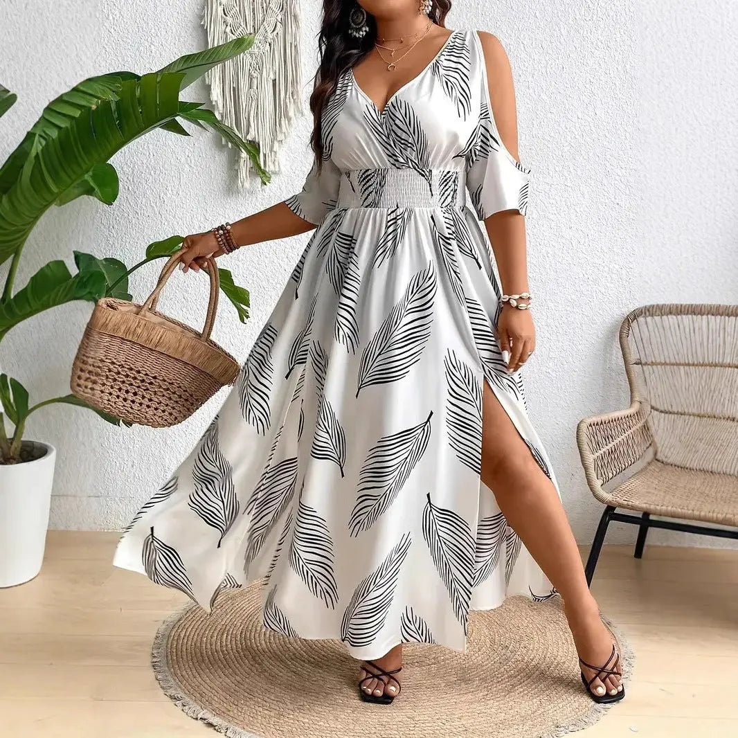 Elegantes Damen Maxikleid mit V-Ausschnitt, Off-Shoulder & Beinschlitz – Sommerkleid mit Print cJ