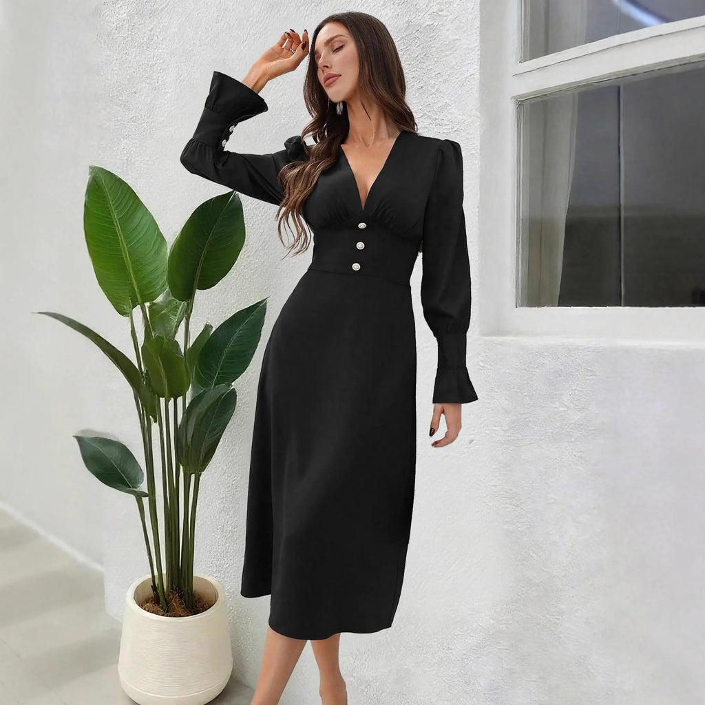 Damen Herbstkleid mit V-Ausschnitt & Knopfleiste – Elegantes Langarm Shirtkleid Cj