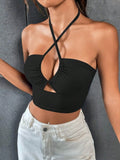 Damen Cut-Out Neckholder Top mit Kreuzträgern – Schwarz Cj
