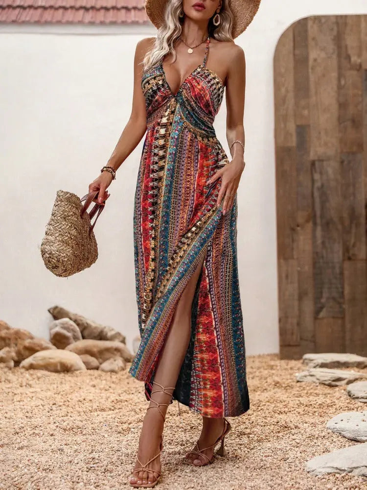 Damen Maxikleid mit Spaghettiträgern & Streifenprint – Sommerliches Freizeitkleid cJ