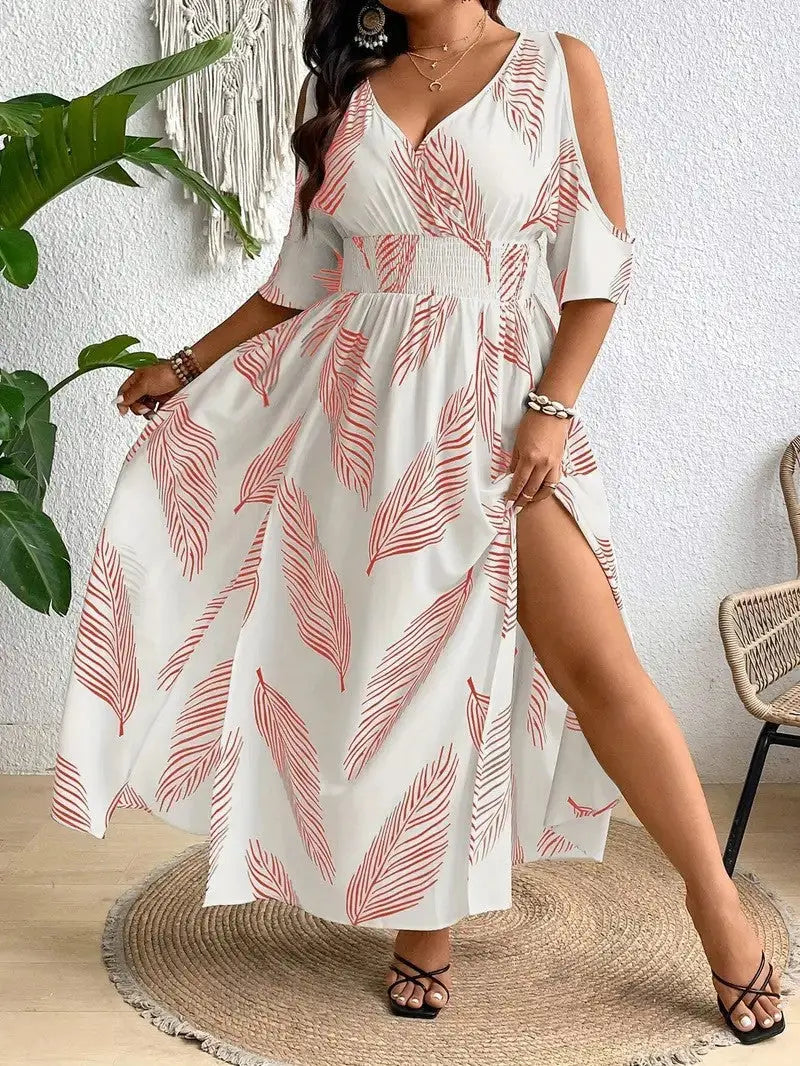 Elegantes Damen Maxikleid mit V-Ausschnitt, Off-Shoulder & Beinschlitz – Sommerkleid mit Print cJ