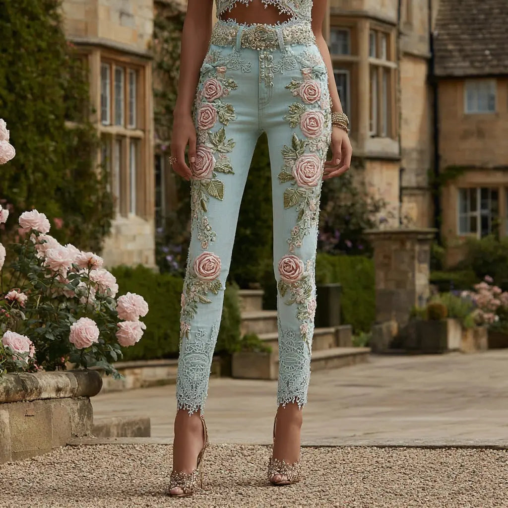 Damen Jeanshose mit buntem 3D-Blumenprint – Modische Denim Hose cJ
