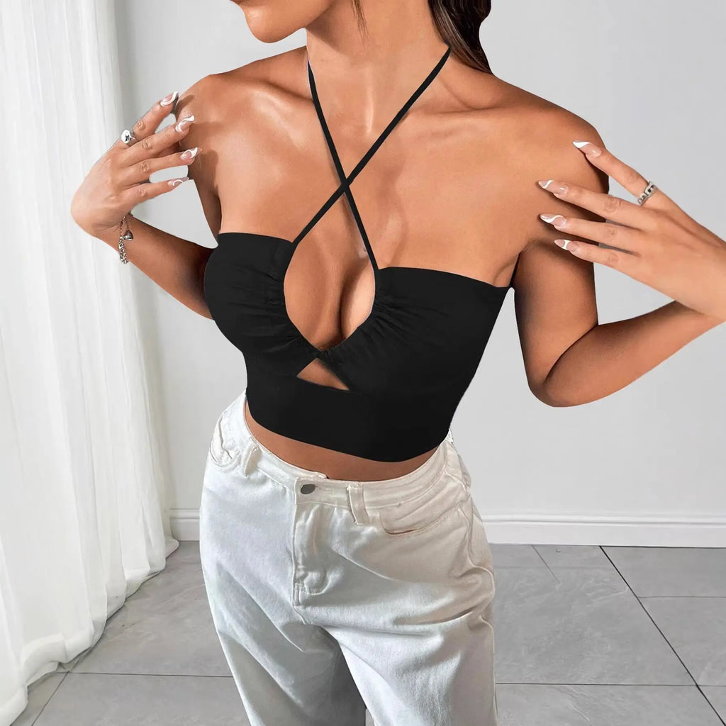Damen Cut-Out Neckholder Top mit Kreuzträgern – Schwarz Cj