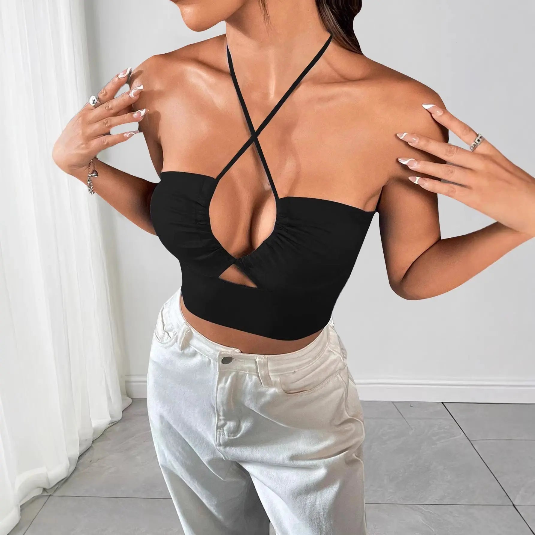 Damen Cut-Out Neckholder Top mit Kreuzträgern – Schwarz Cj