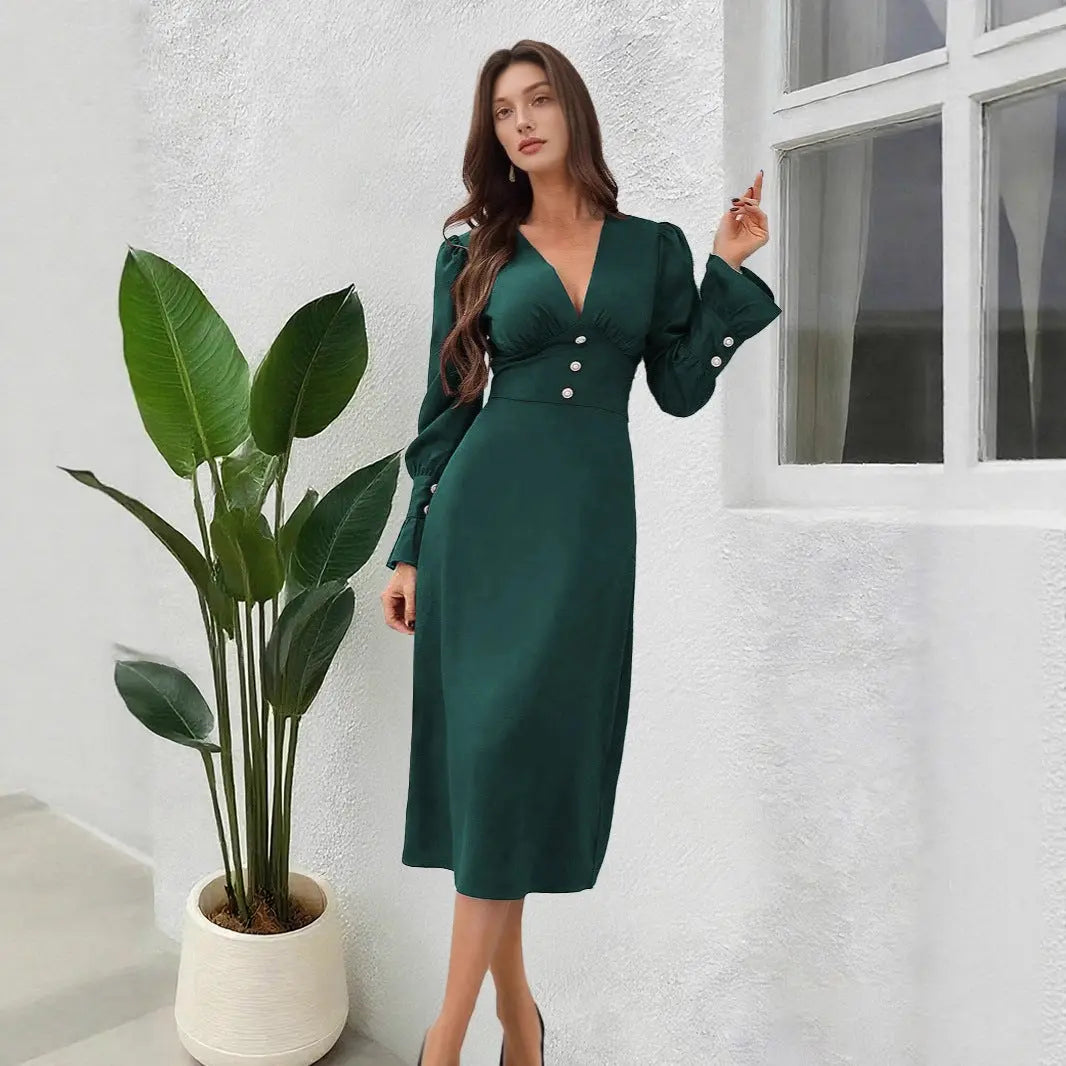 Damen Herbstkleid mit V-Ausschnitt & Knopfleiste – Elegantes Langarm Shirtkleid Cj