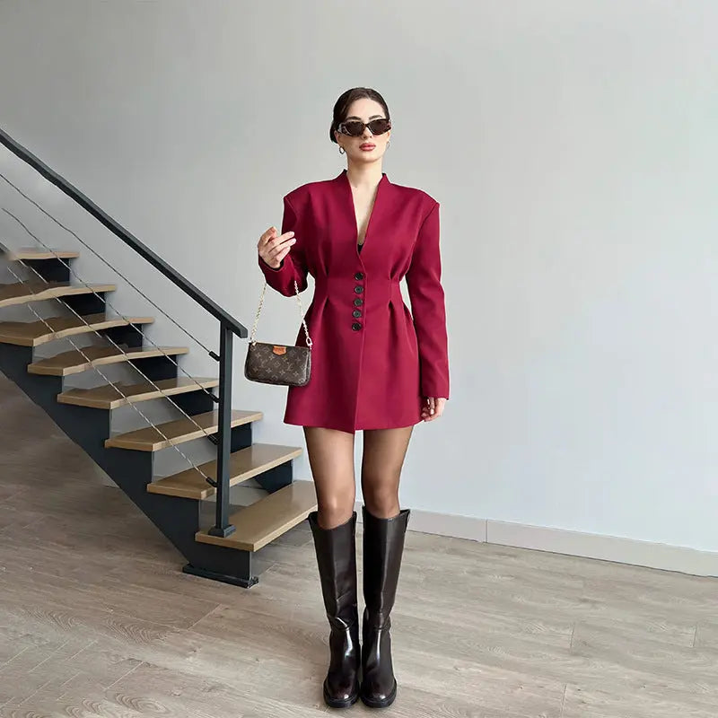 Elegantes Damen Kleid mit V-Ausschnitt & Knopfleiste – Langarm Blazer-Stil Moeller