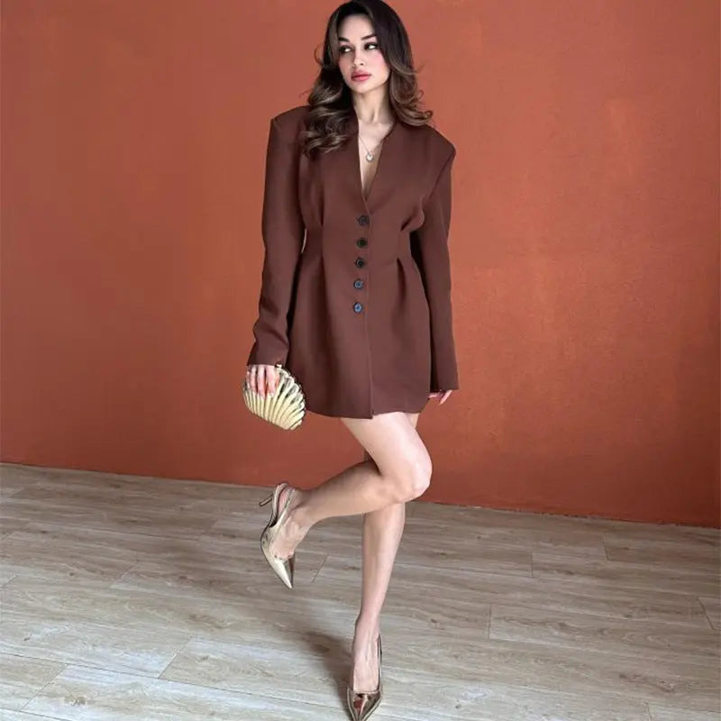 Elegantes Damen Kleid mit V-Ausschnitt & Knopfleiste – Langarm Blazer-Stil Moeller