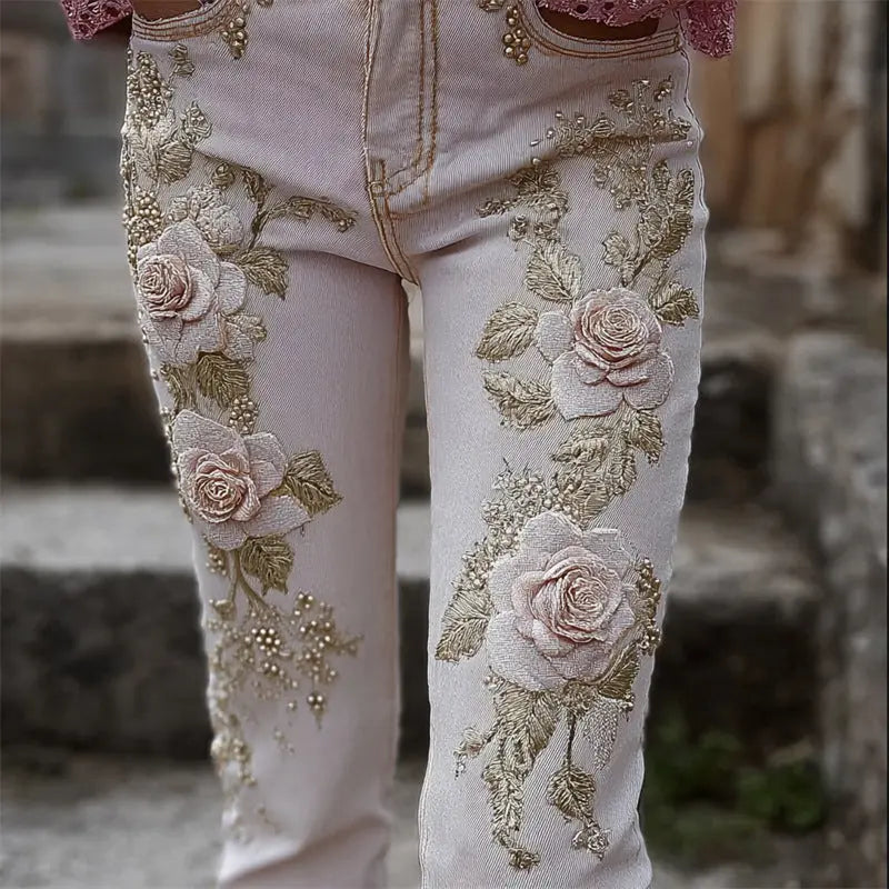 Damen Jeanshose mit buntem 3D-Blumenprint – Modische Denim Hose cJ