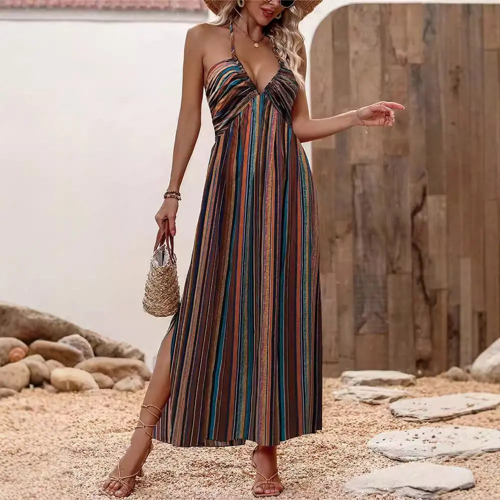 Damen Maxikleid mit Spaghettiträgern & Streifenprint – Sommerliches Freizeitkleid cJ