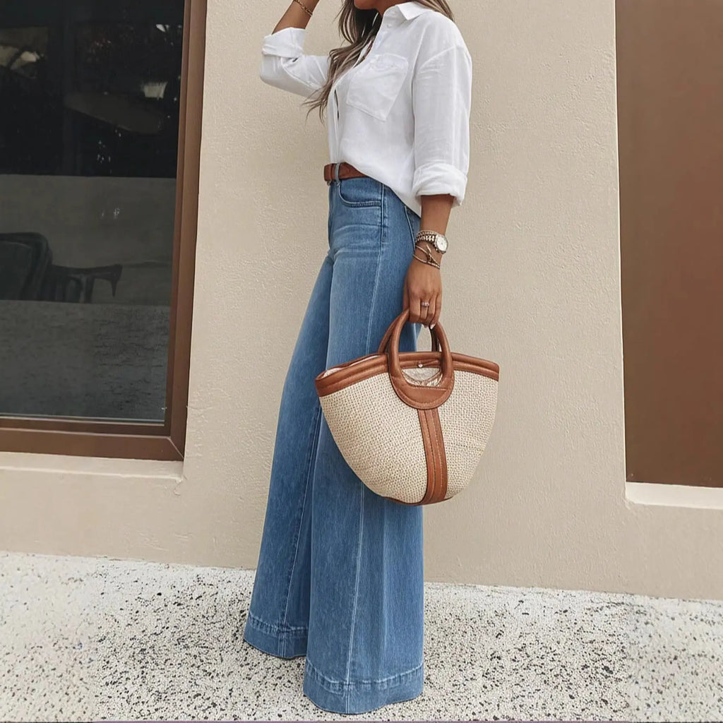 Damen Vintage Jeans im Wide-Leg Stil – High Waist Slim Fit Denim Hose cJ