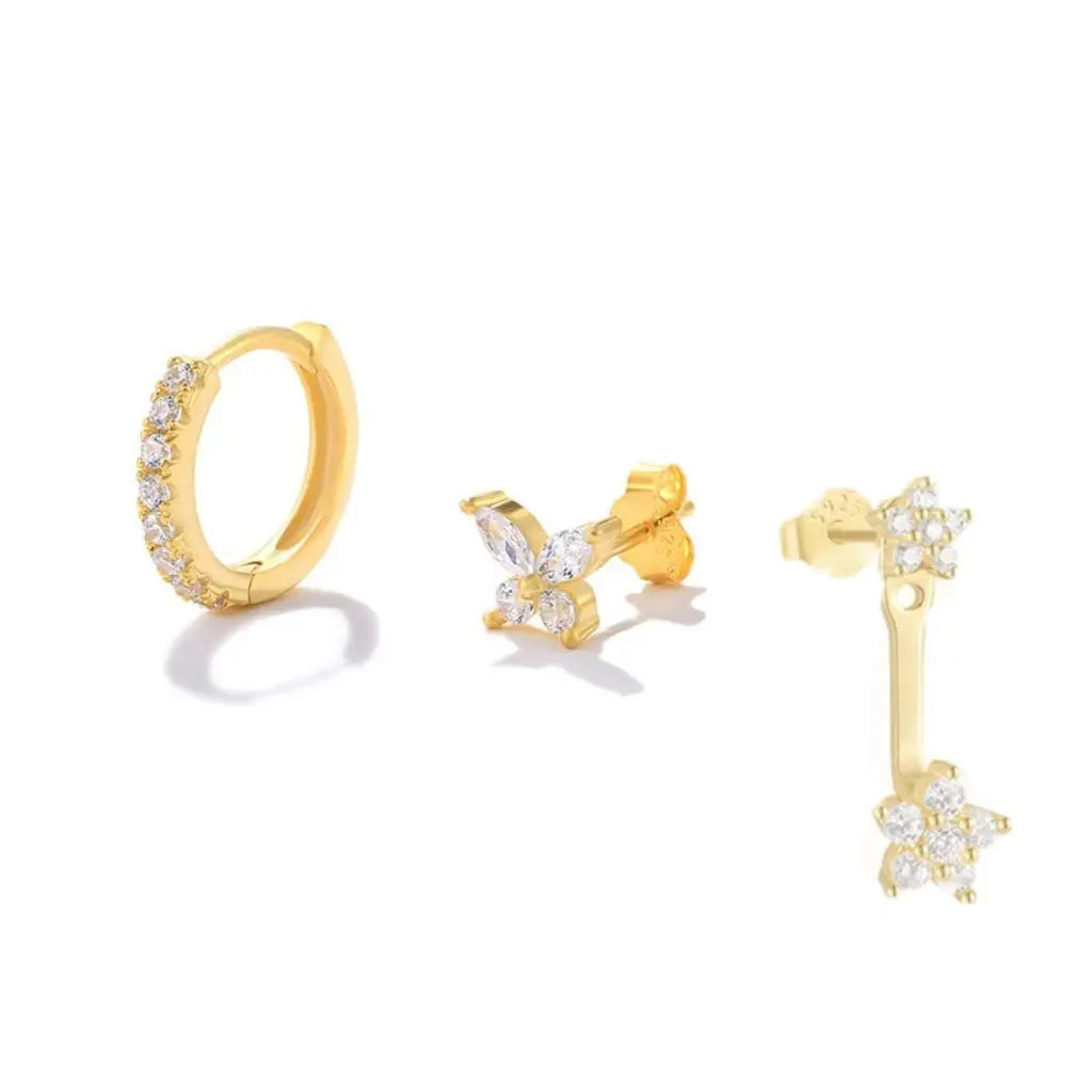 3-teiliges Gold Ohrring-Set – Creole + Blume + Ear Jacket – Funkelnder Damen Schmuck Moeller