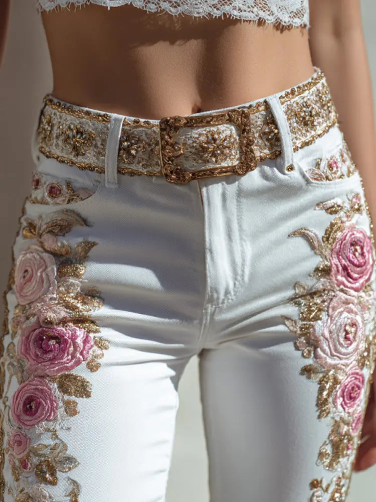 Damen Jeanshose mit buntem 3D-Blumenprint – Modische Denim Hose cJ