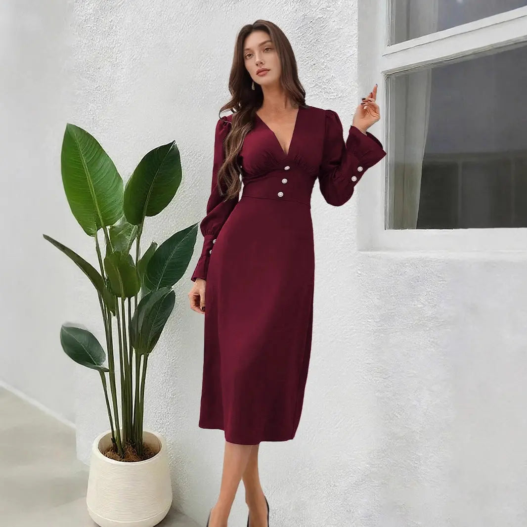 Damen Herbstkleid mit V-Ausschnitt & Knopfleiste – Elegantes Langarm Shirtkleid Cj