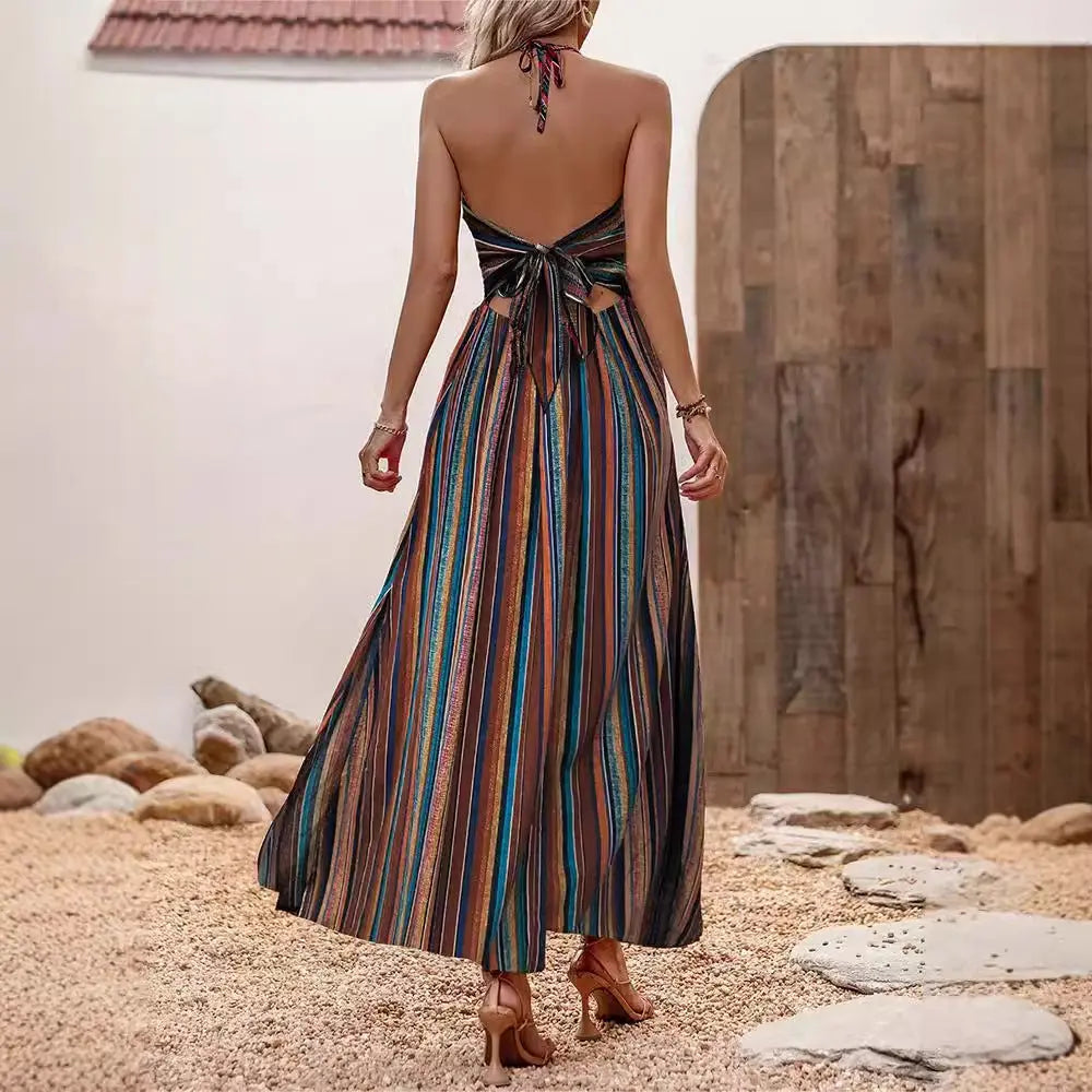 Damen Maxikleid mit Spaghettiträgern & Streifenprint – Sommerliches Freizeitkleid cJ
