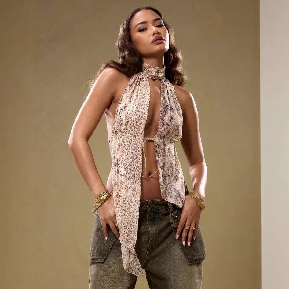 Damen Neckholder-Top mit Animal-Print & tiefem V-Ausschnitt Cj