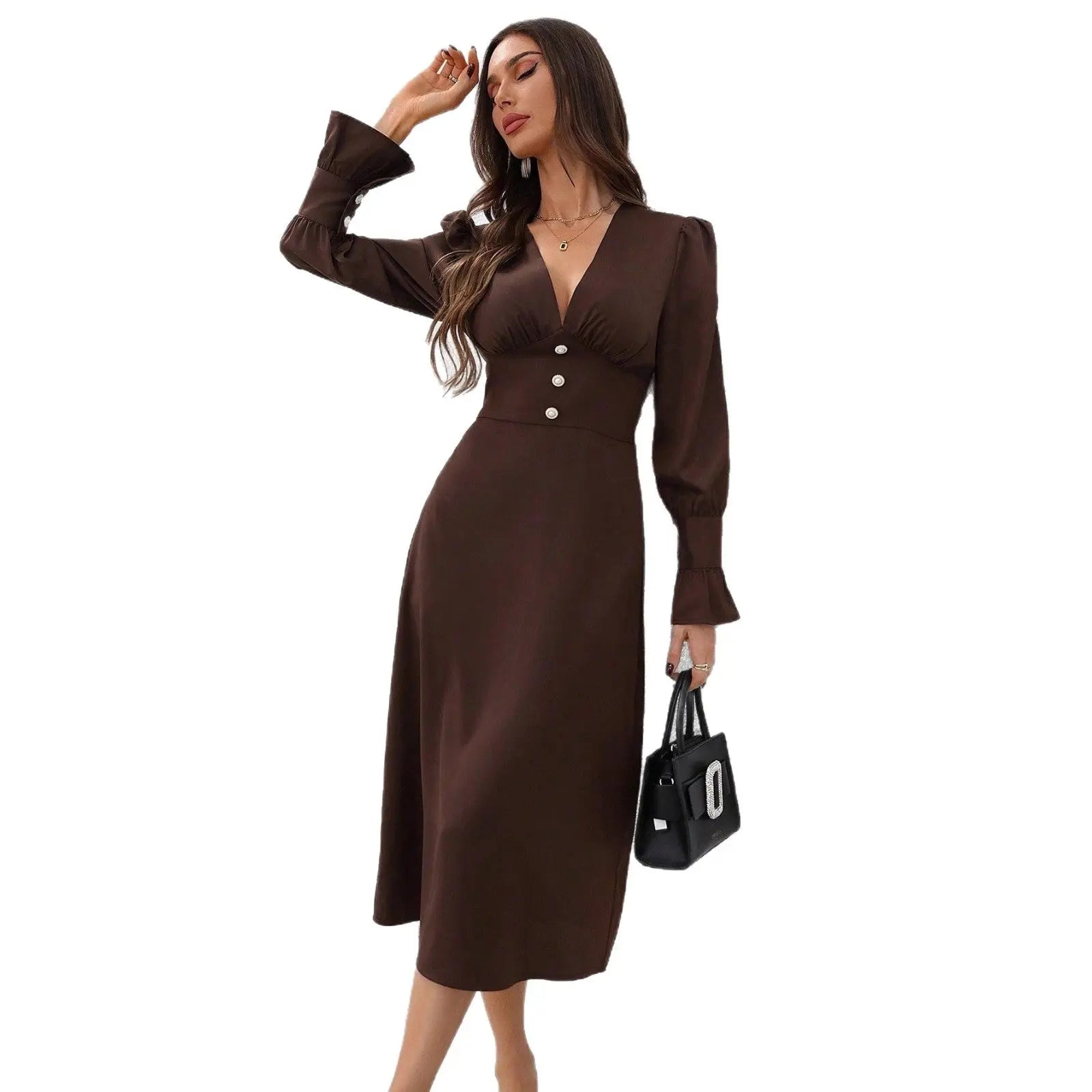 Damen Herbstkleid mit V-Ausschnitt & Knopfleiste – Elegantes Langarm Shirtkleid Cj