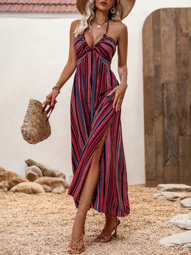 Damen Maxikleid mit Spaghettiträgern & Streifenprint – Sommerliches Freizeitkleid cJ