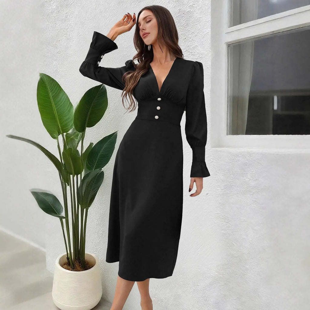 Damen Herbstkleid mit V-Ausschnitt & Knopfleiste – Elegantes Langarm Shirtkleid Cj
