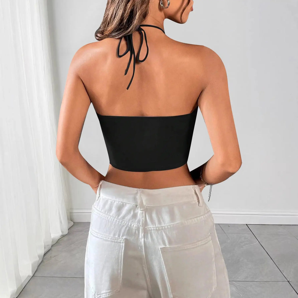Damen Cut-Out Neckholder Top mit Kreuzträgern – Schwarz Cj