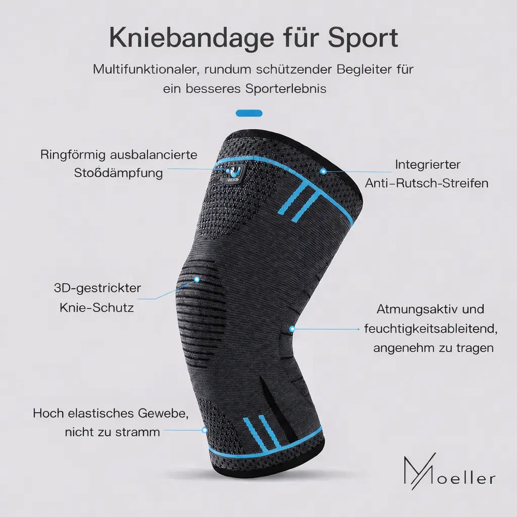 Kniebandage für Sport – Größe XL – Elastische Sportbandage mit Stoßdämpfung & Anti-Rutsch-Streifen Moeller