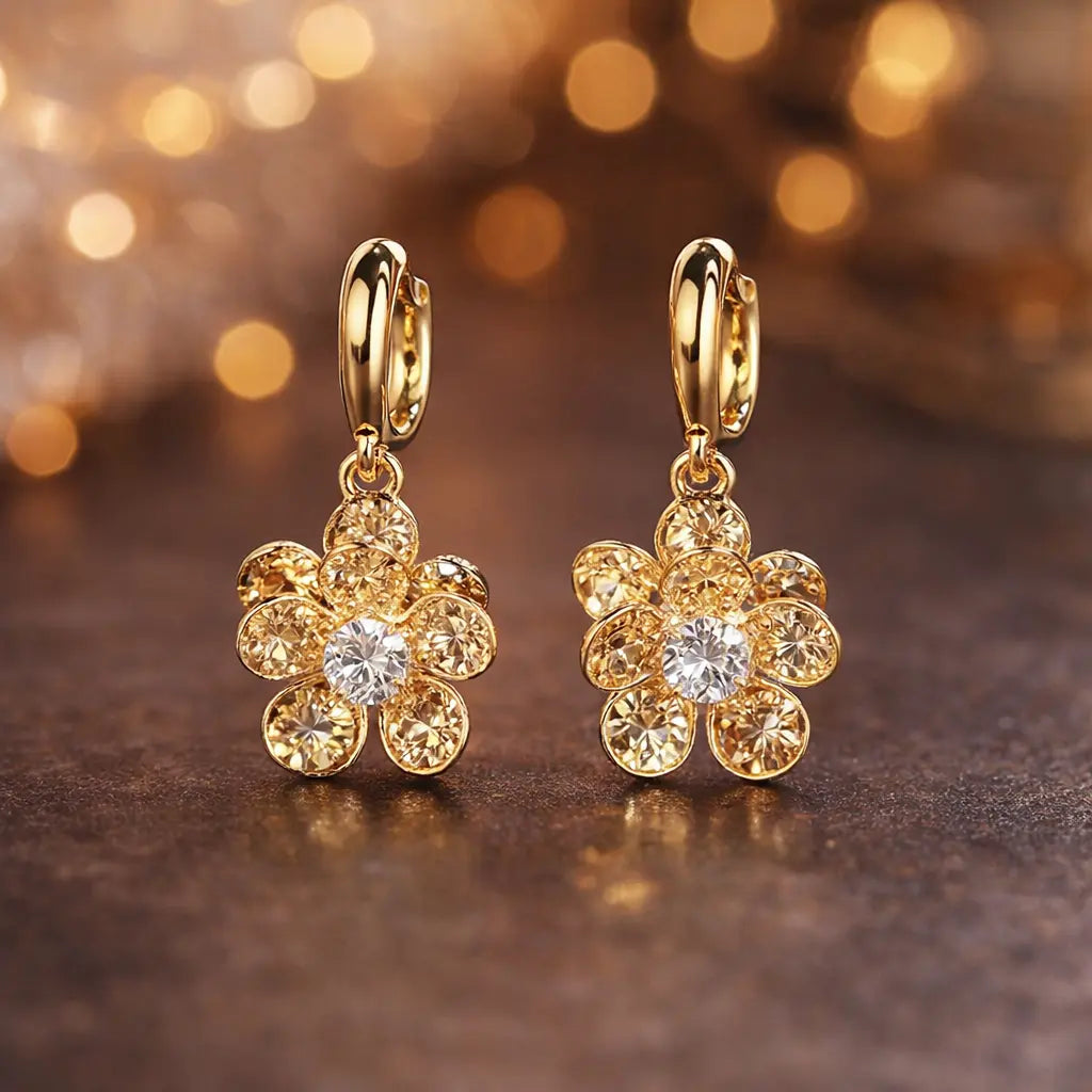 Goldene Blumen Ohrringe – Funkelnde Blüten Ohrhänger – Eleganter Modeschmuck – Geschenk für Frauen Moellerzon