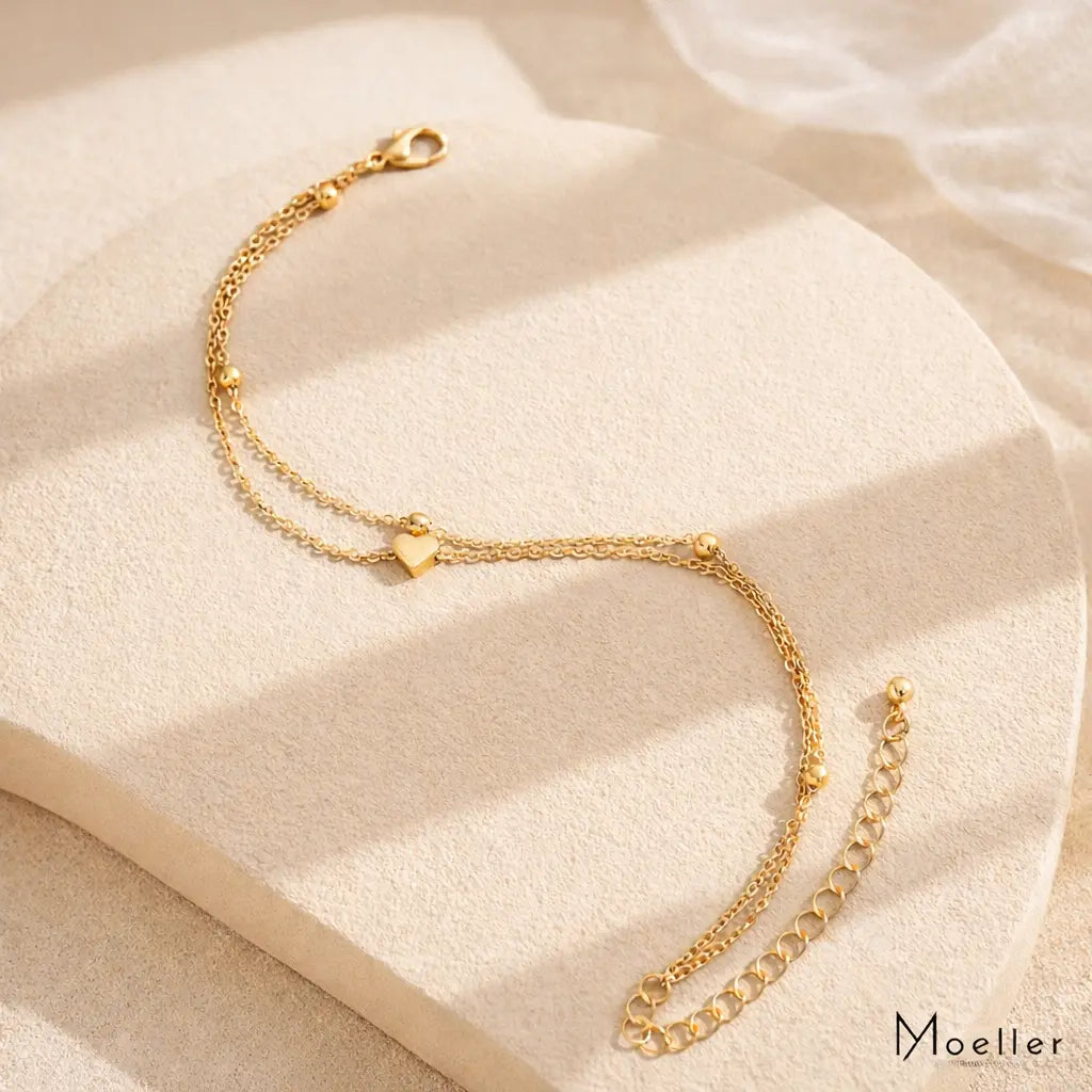 Edle doppelte Fußkette mit Herz – hochwertige Edelstahlkette, goldfarben Moellerzon