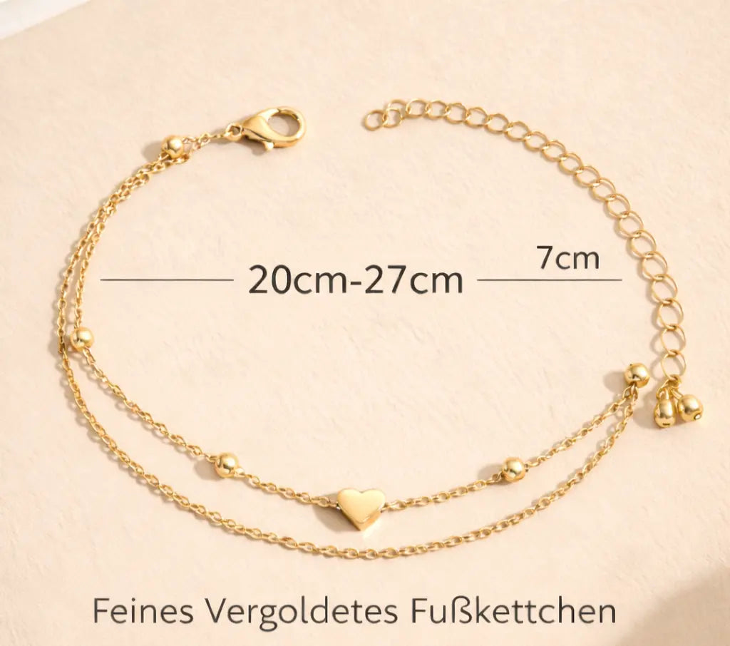 Edle doppelte Fußkette mit Herz – hochwertige Edelstahlkette, goldfarben Moellerzon